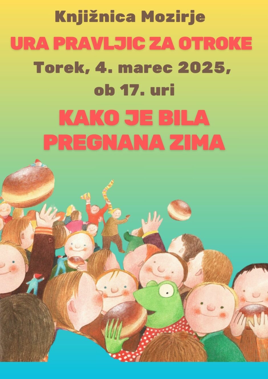 Plakat za uro pravljic v Knjižnici Mozirje.