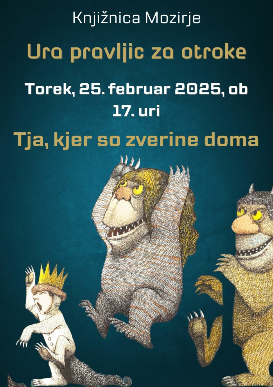 Plakat s podatki za uro pravljic v Knjižnici Mozirje.