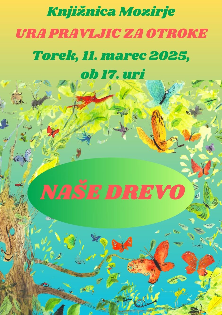 Plakat za uro pravljic v Knjižnici Mozirje.