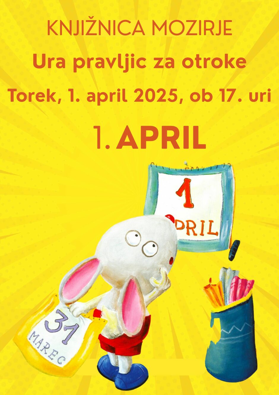 Plakat z vabilom na uro pravljic v Knjižnico Mozirje.