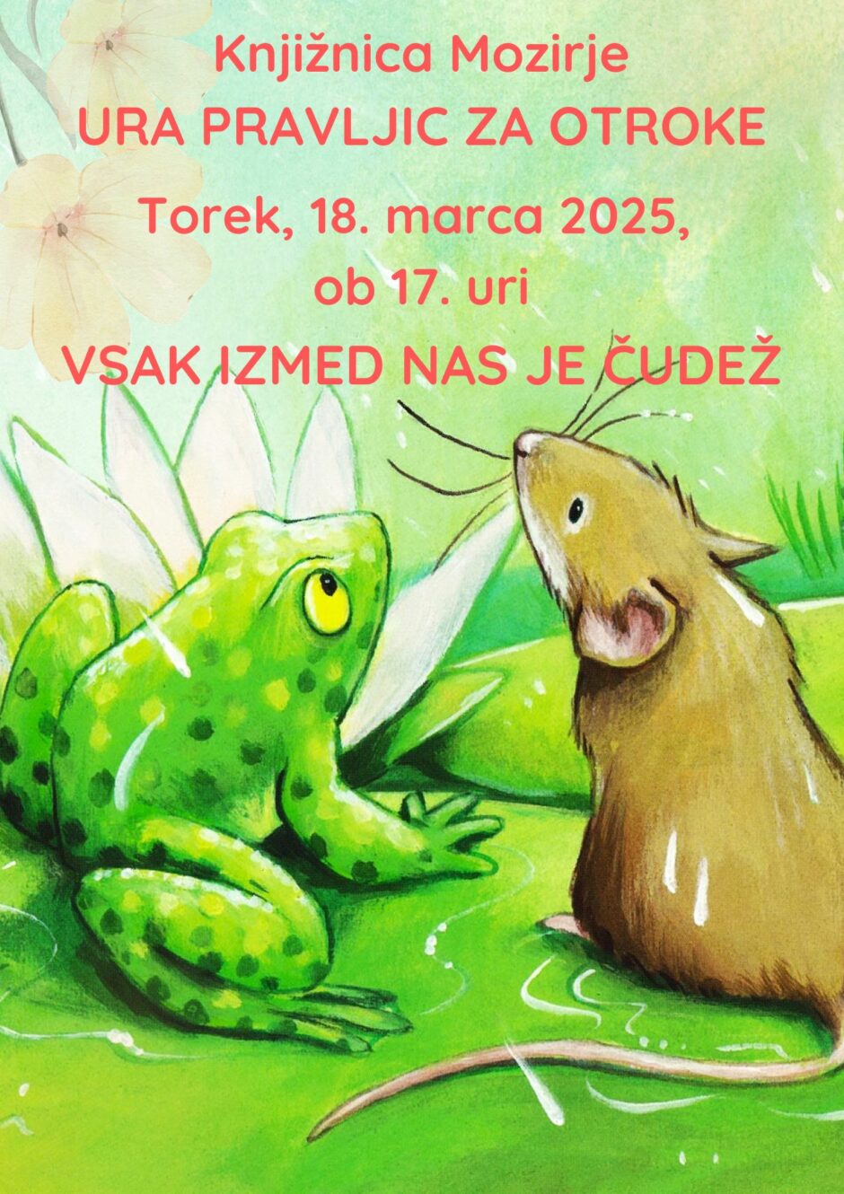 Plakat za uro pravljic v Knjižnici Mozirje.