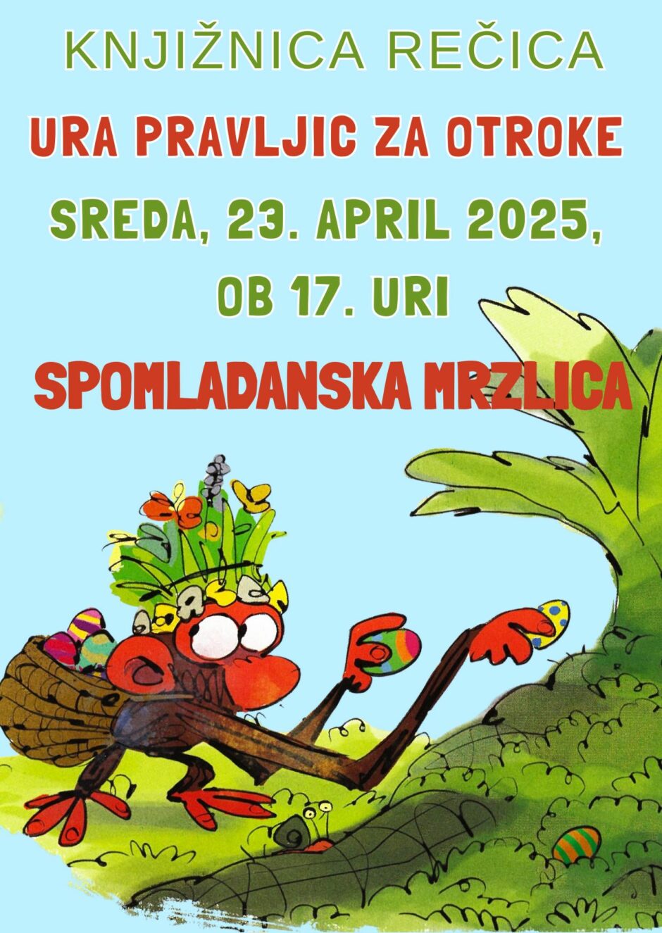 Plakat s povabilom na uro pravljic v Knjižnico Rečica.