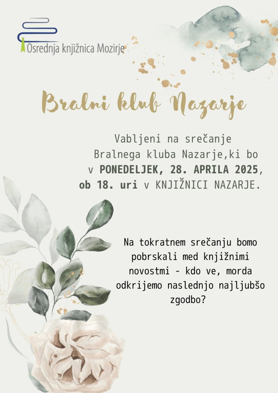 Vabilo na Bralni klub Nazarje.