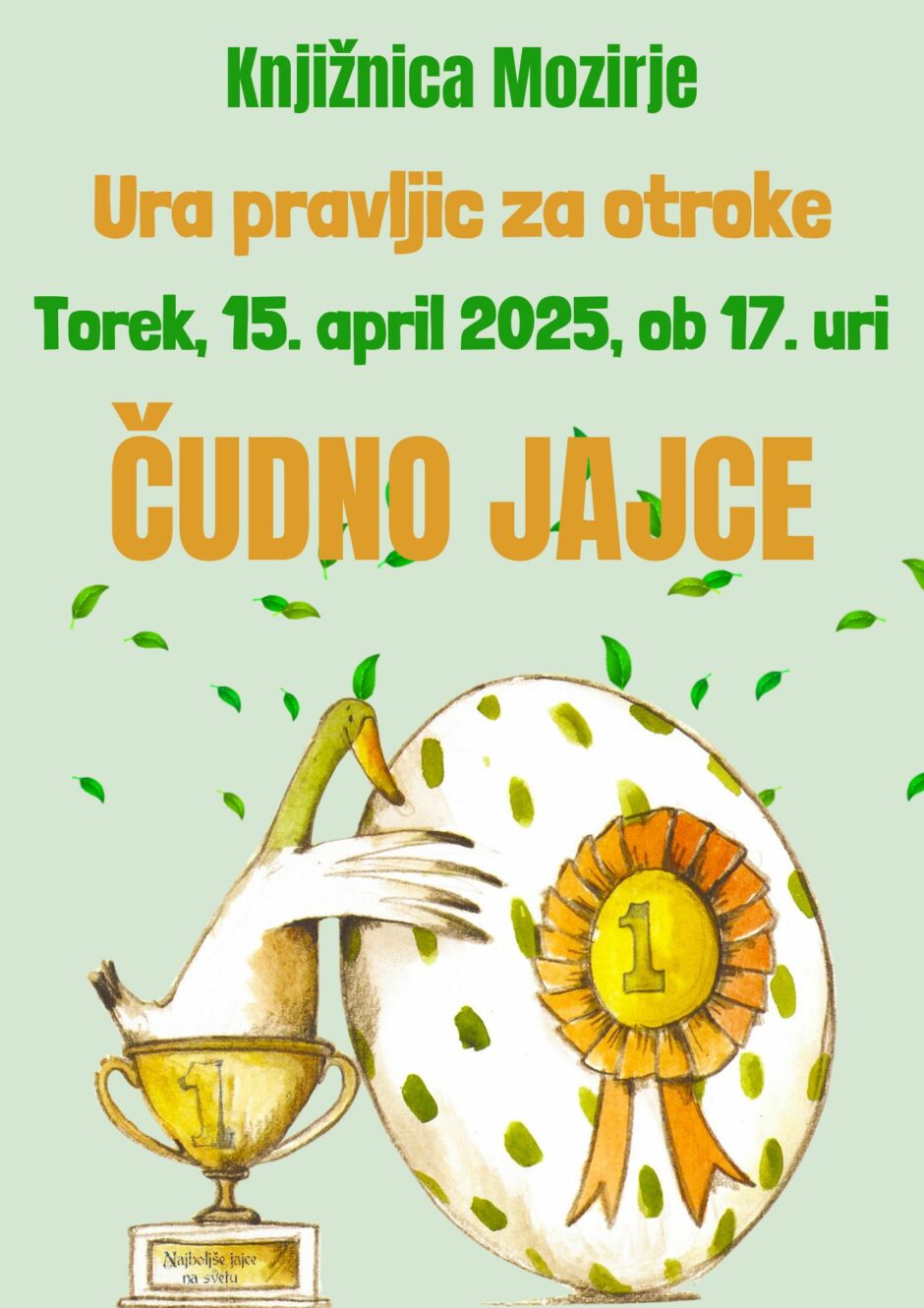 Plakat s povabilom na uro pravljic v Knjižnico Mozirje.