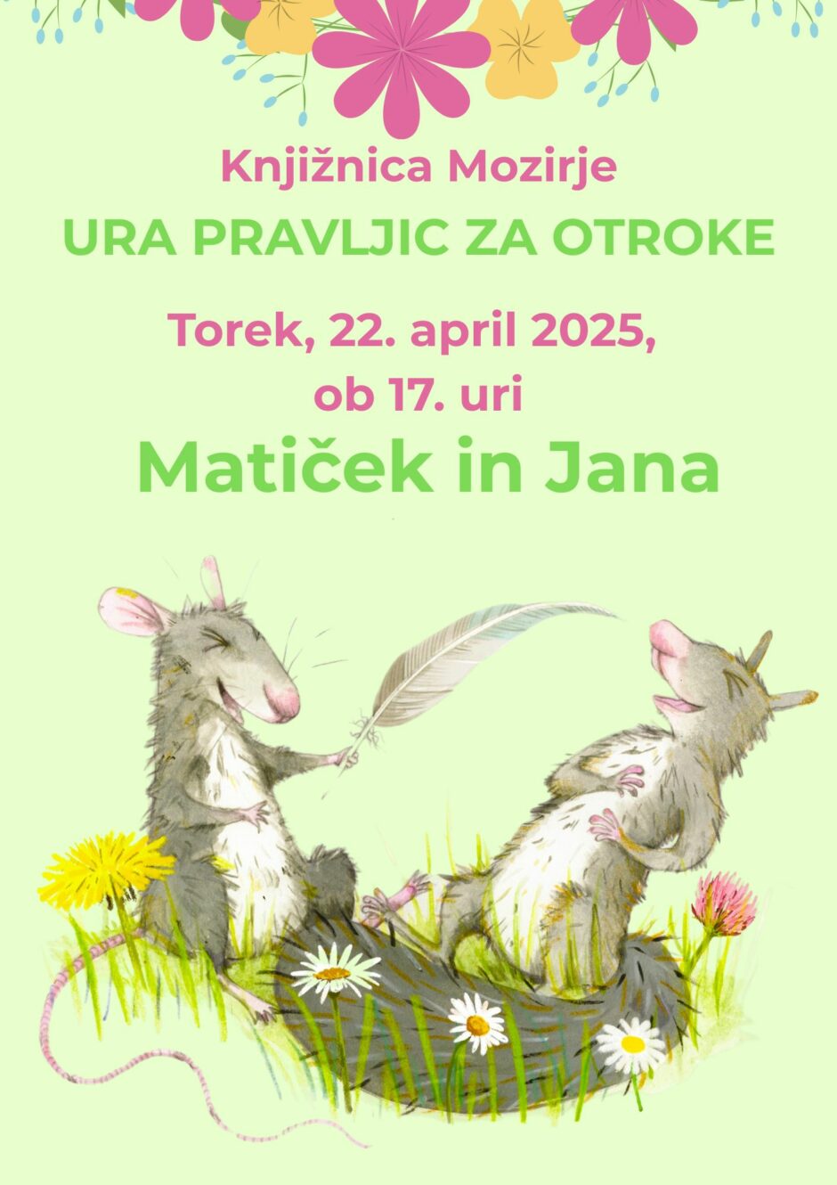 Plakat s povabilom na uro pravljic v Knjižnico Mozirje.