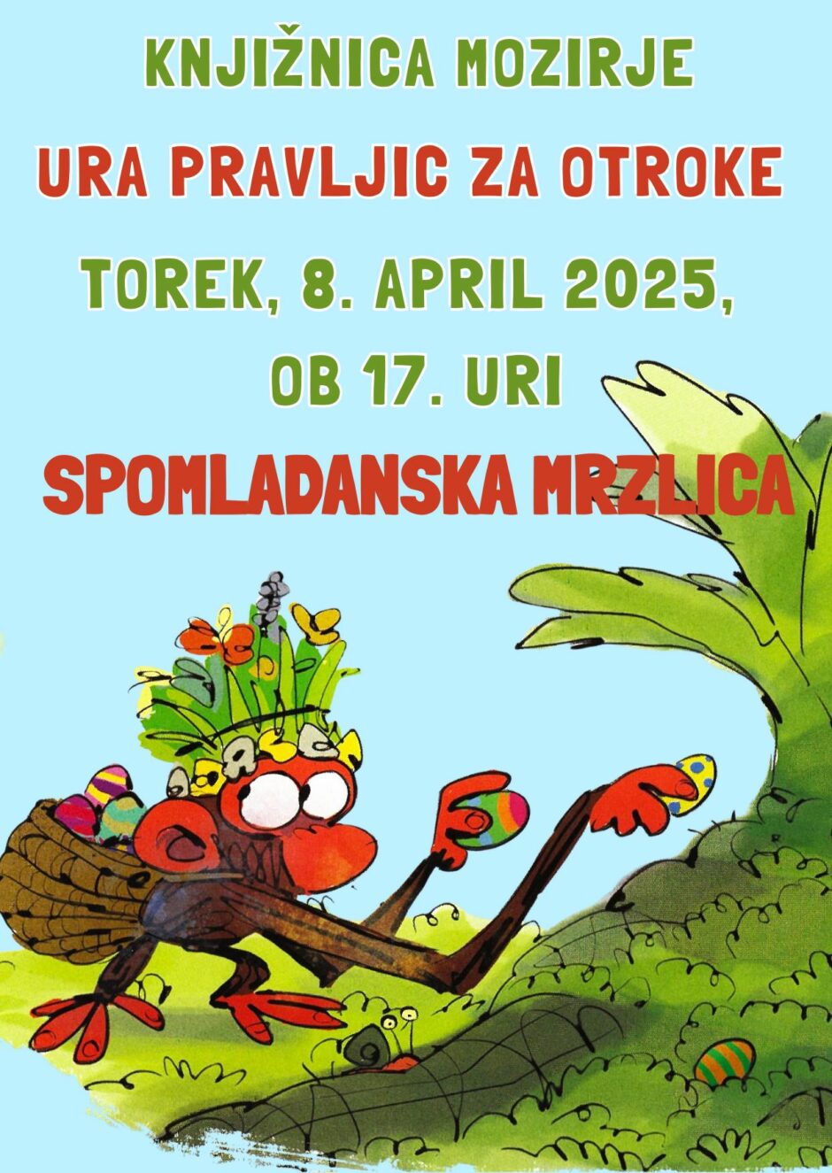 Plakat za uro pravljic v Knjižnici Mozirje.