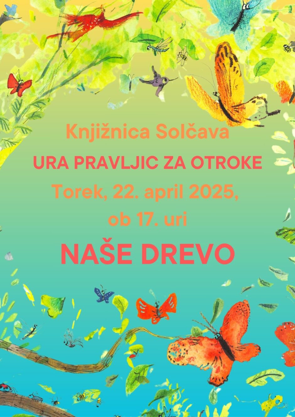 Plakat s povabilom na uro pravljic v Knjižnico Solčava.