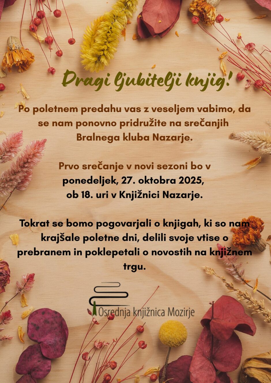 Vabilo na Bralni klub Nazarje