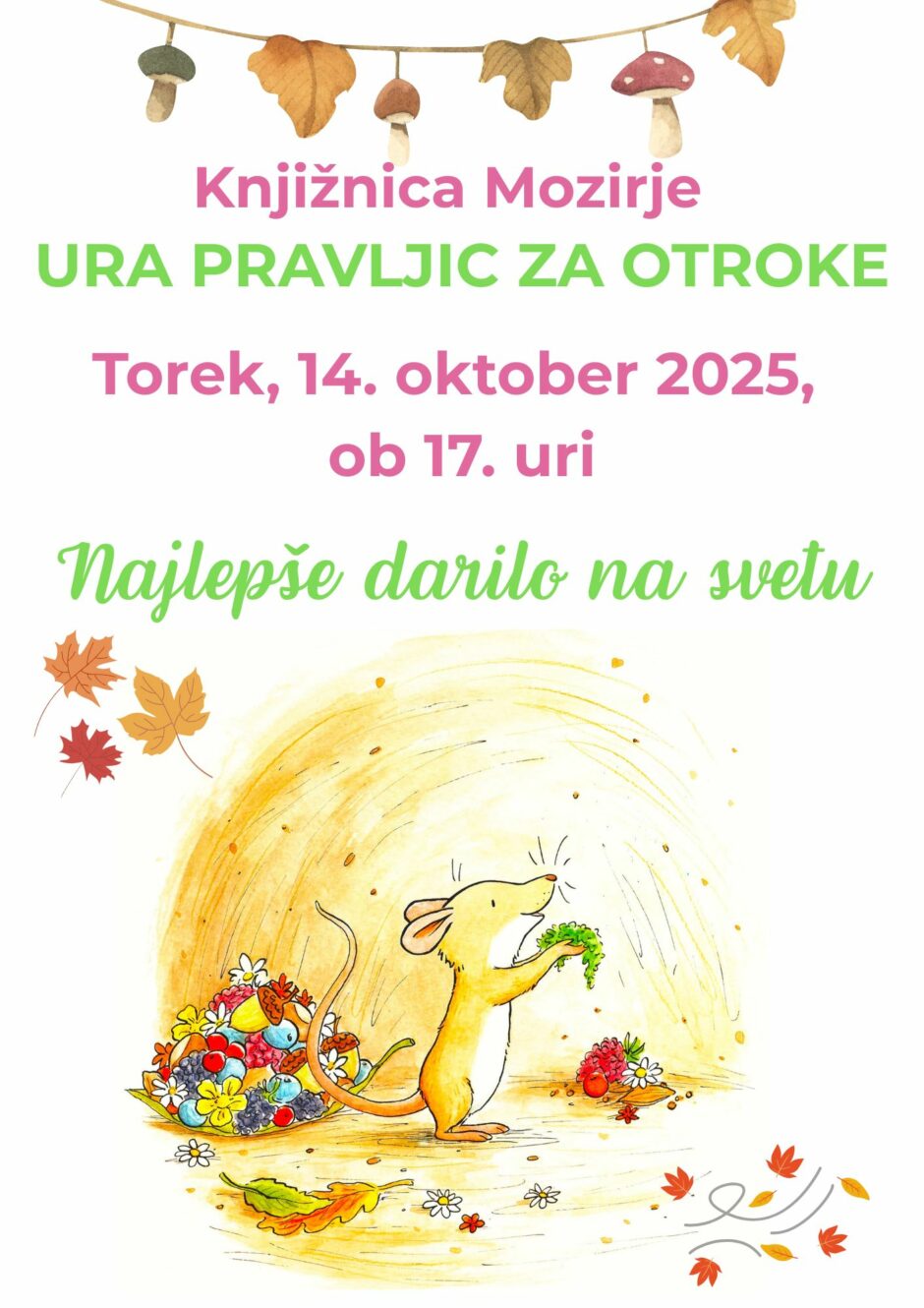 Plakat za Uro pravljic v Knjižnici Mozirje