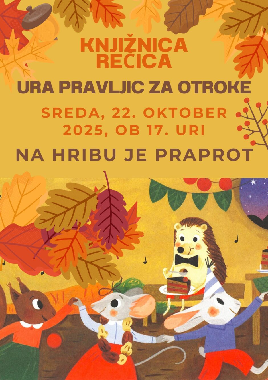 Plakat s povabilom na uro pravljic v Knjižnici Rečica.