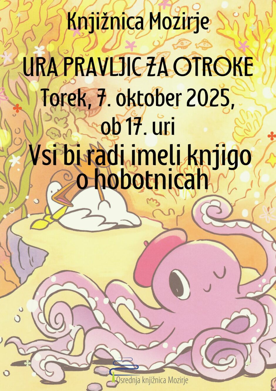 Plakat za uro pravljic v Knjižnici Mozirje.