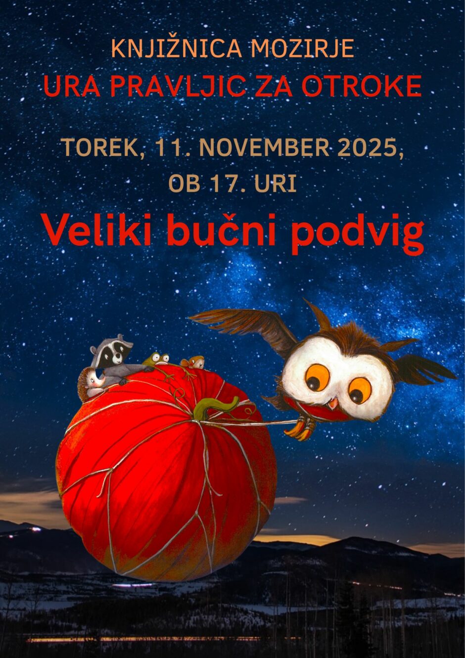 Plakat s povabilom na uro pravljic v Knjižnico Mozirje.