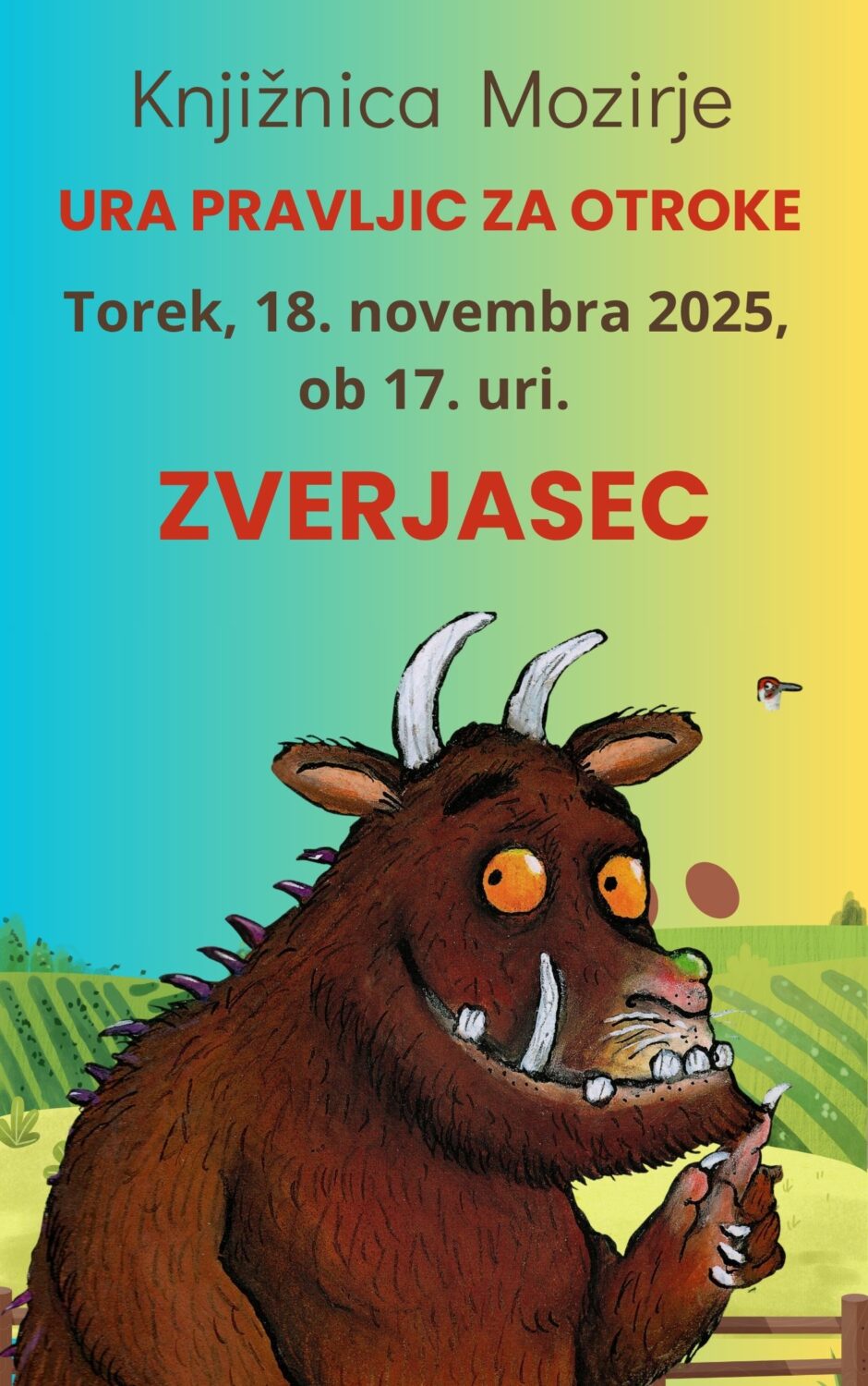 Vabilo na uro pravljic v Knjižnico Mozirje.