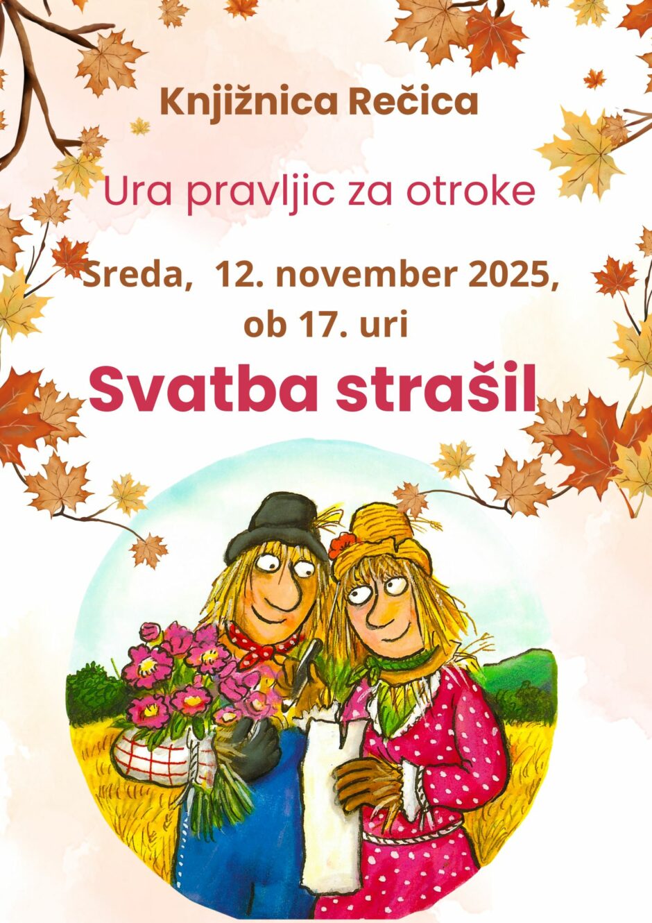 Plakat s povabilom na uro pravljic v Knjižnico Rečica.