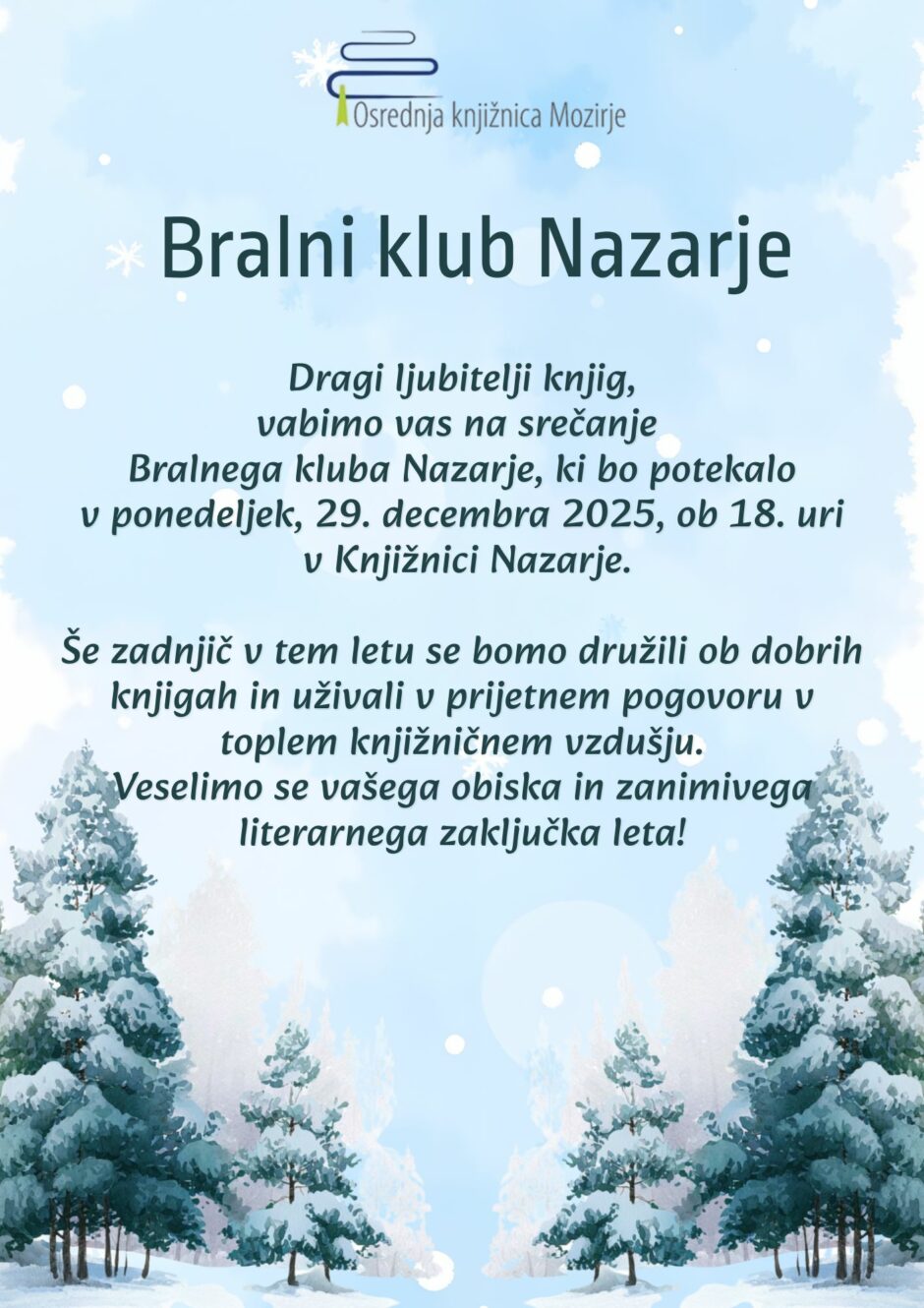 Vabilo na Bralni klub Nazarje.