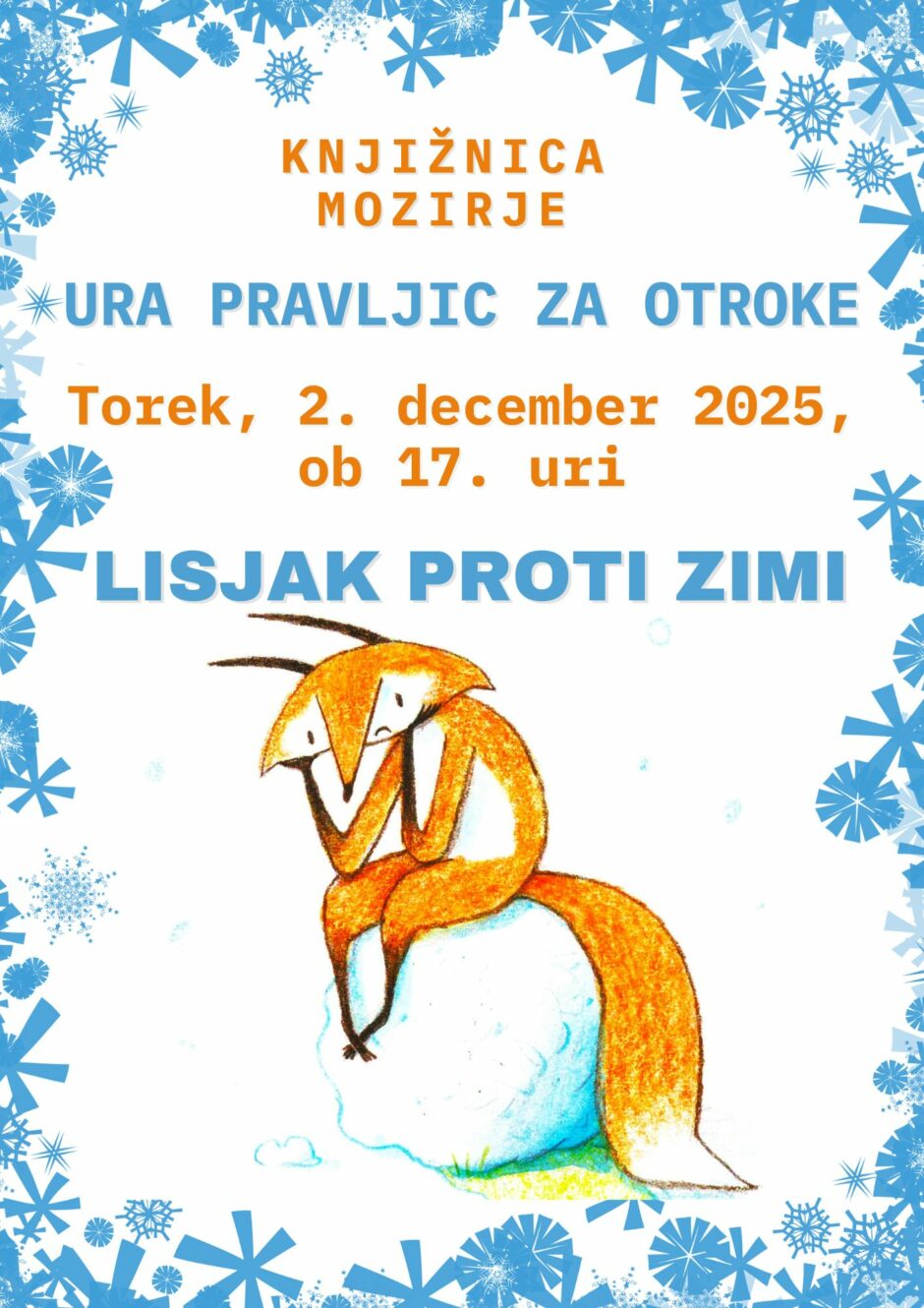 Plakat s povabilom na uro pravljic v Knjižnici Mozirje.