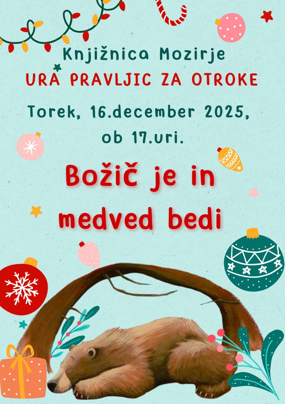 Plakat za uro pravljic v Knjižnici Mozirje.