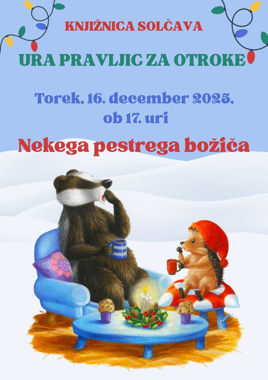 Plakat za uro pravljic v Knjižnici Solčava.