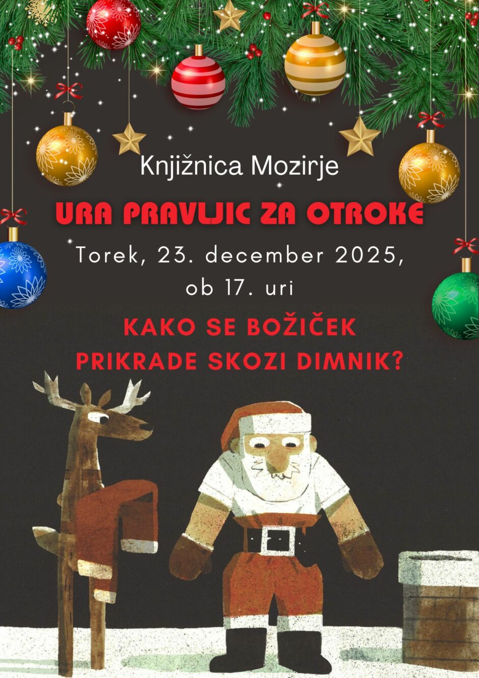 Plakat za uro pravljic v Knjižnici Mozirje.