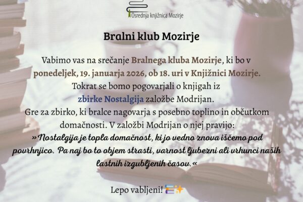 Vabilo na Bralni klub Mozirje.