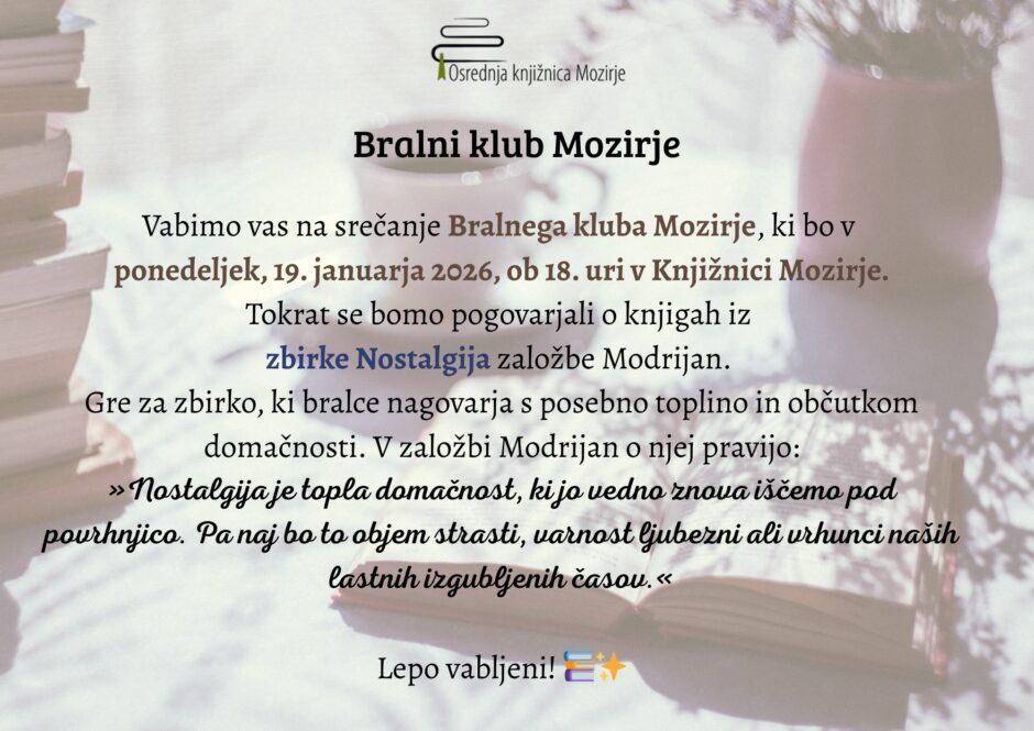 Vabilo na Bralni klub Mozirje.