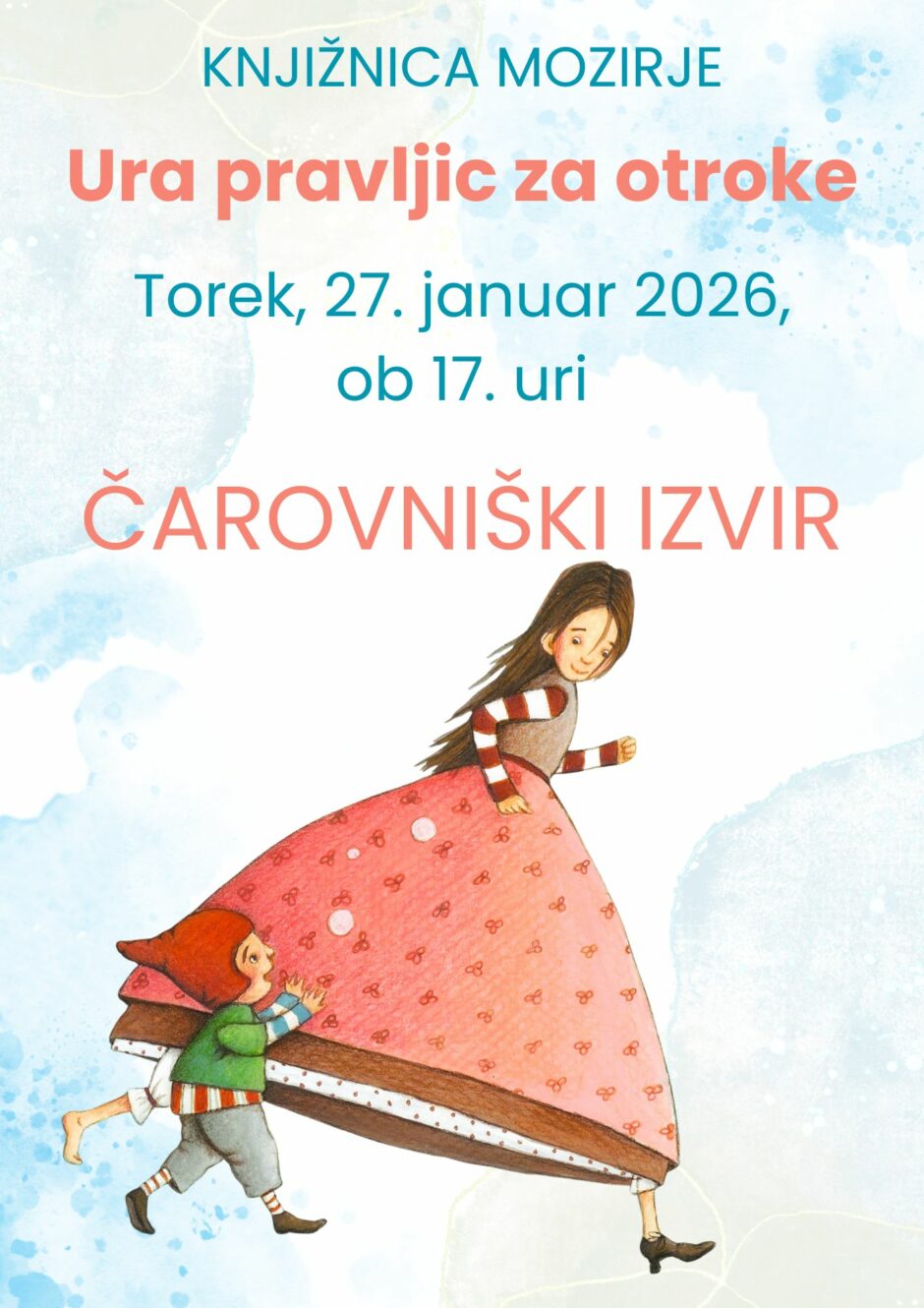 Povabilo na uro pravljic v Knjižnico Mozirje.