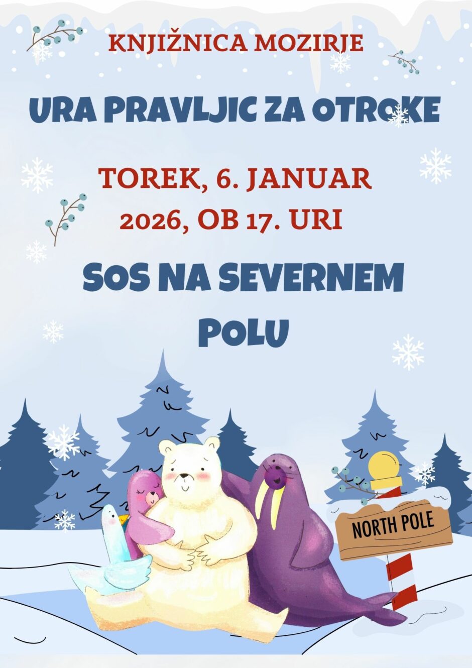 Povabilo na uro pravljic v Knjižnico Mozirje.