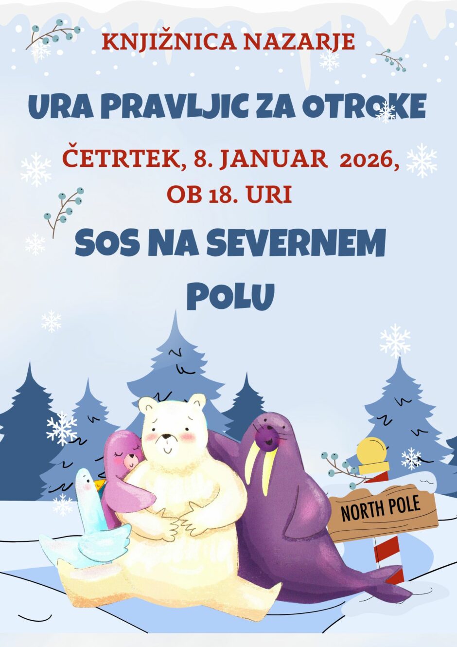 Plakat za uro pravljic v Knjižnici Nazarje.
