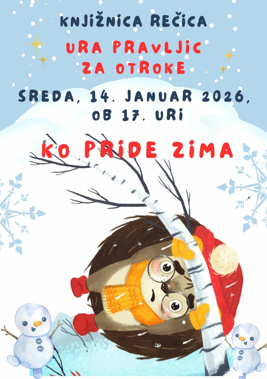 Plakat za uro pravljic v Knjižnici Mozirje.