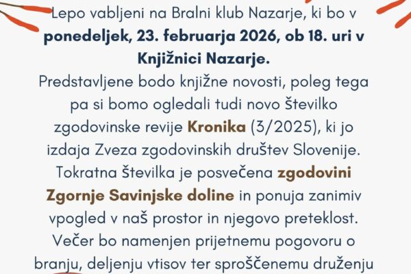 Vabilo na Bralni klub Nazarje.