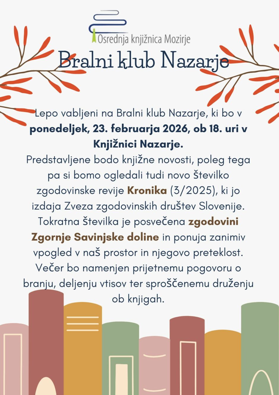Vabilo na Bralni klub Nazarje.