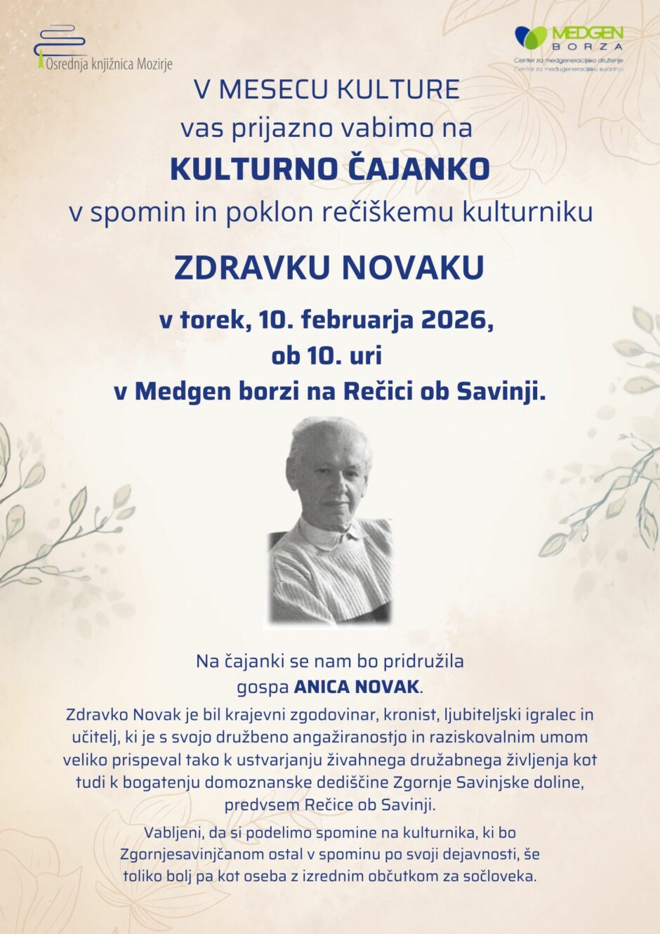 Vabilo na kulturno čajanko v Medgen borzo Rečica ob Savinji.