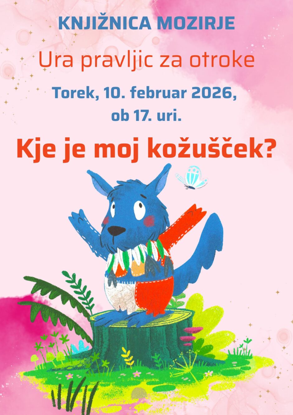 Plakat za uro pravljic v Knjižnici Mozirje.