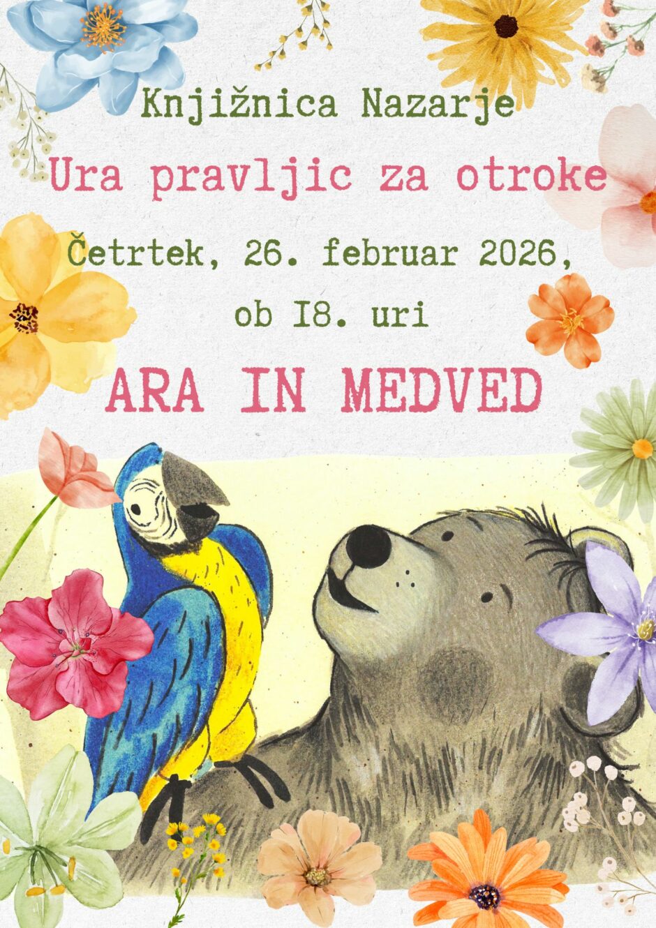 Vabilo na uro pravljic v Knjižnico Nazarje.