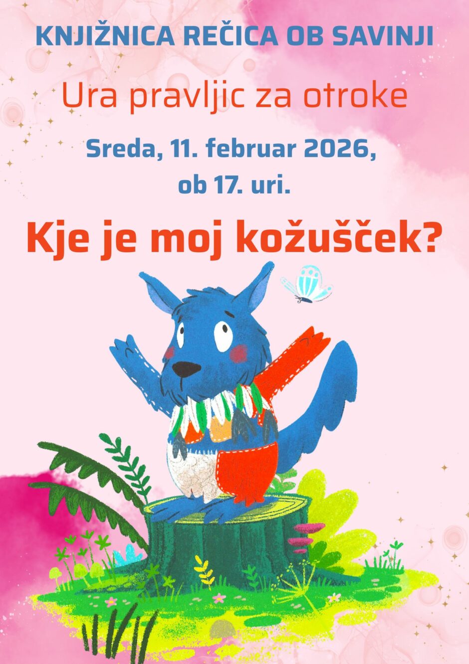 Plakat za uro pravljic v Knjižnici Mozirje.