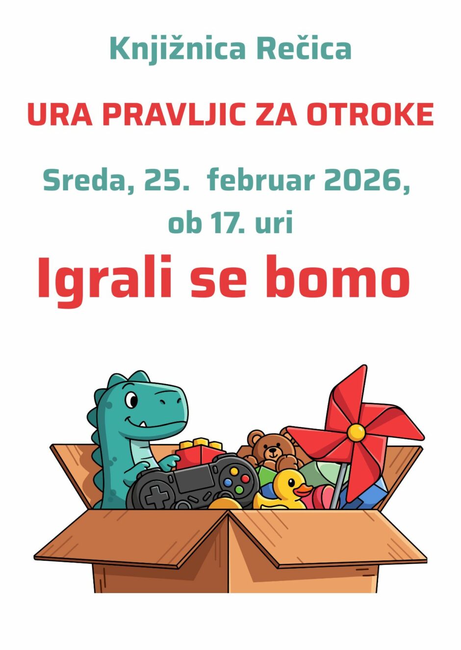 Plakat na uro pravljic v Knjižnico Rečica.