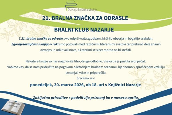 Vabilo na pogovor o 21. bralni znački.