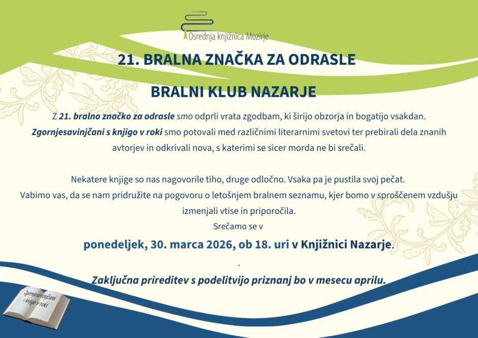 Vabilo na pogovor o 21. bralni znački.