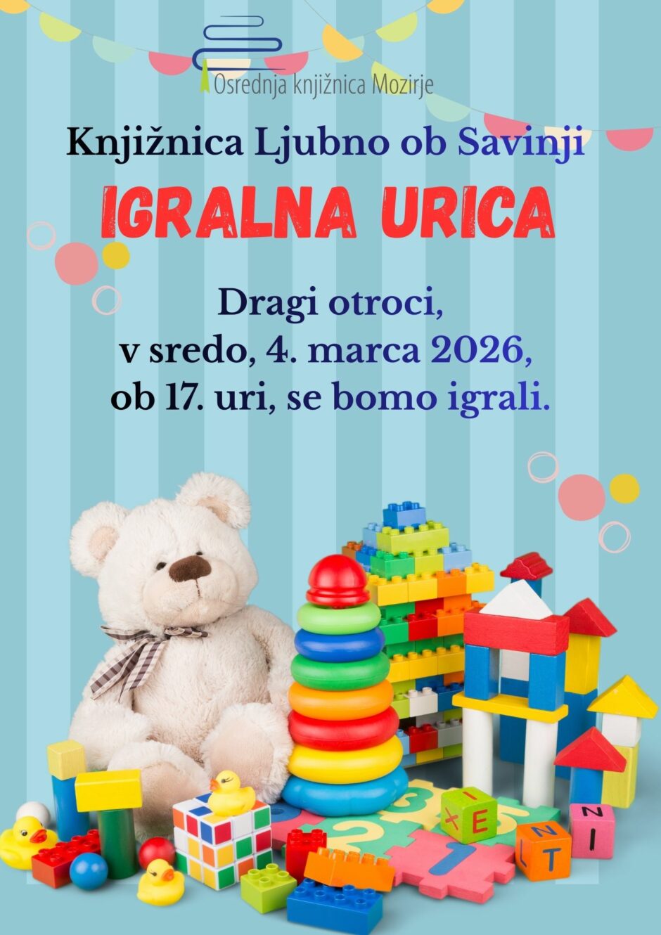 Plakat s povabilom na igralno urico v Knjižnico Ljubno.