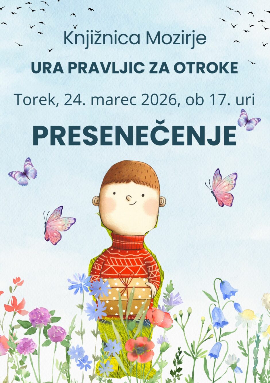 Plakat za uro pravljic v Knjižnici Mozirje