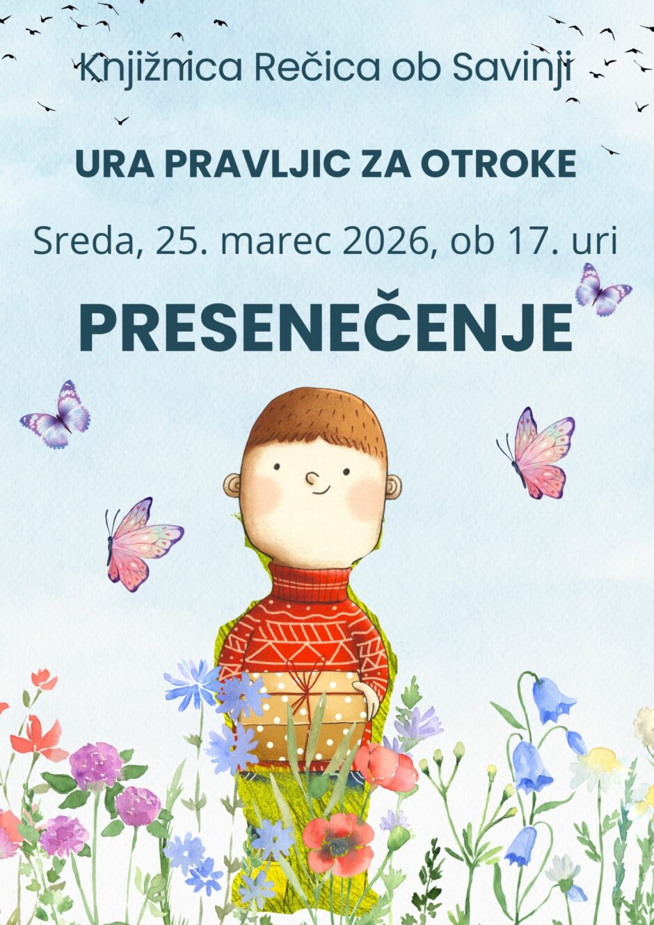 Plakat za uro pravljic v Knjižnici Rečica.