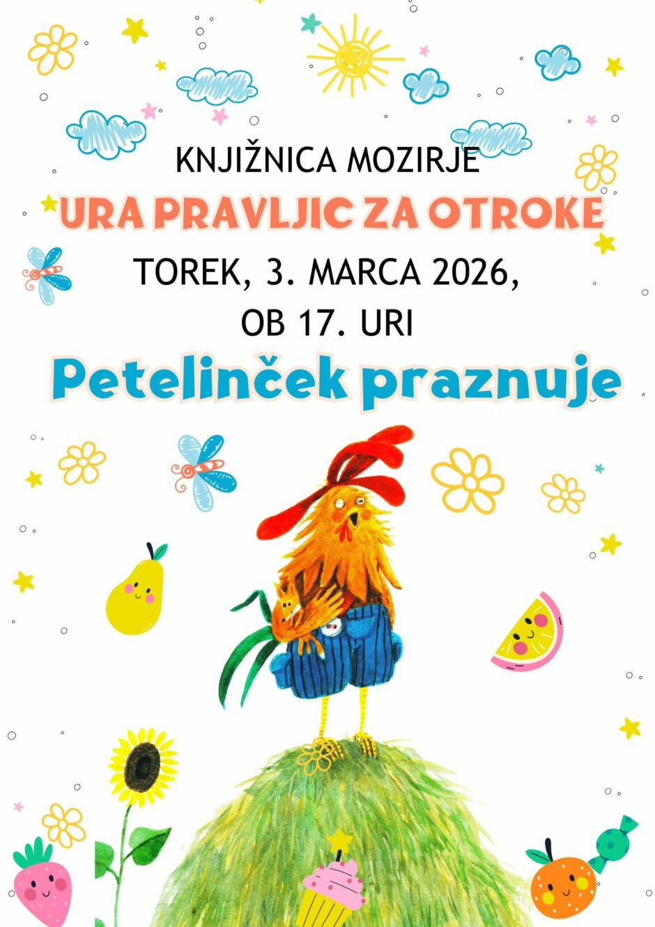 Plakat s povabilom na uro pravljic v Knjižnico Mozirje.