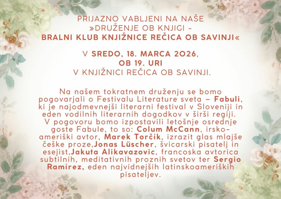 Povabilo na bralni klub Knjižnice Rečica ob Savinji.