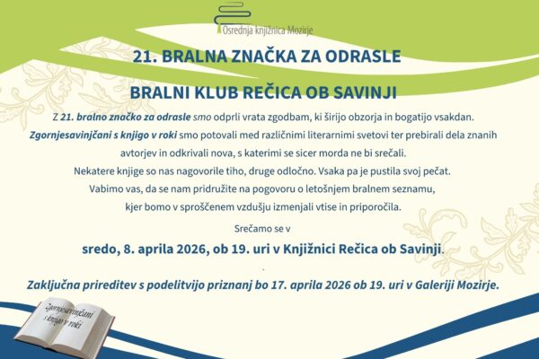 Vabilo na bralni klub Knjižnice Rečica.