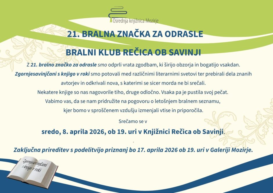 Vabilo na bralni klub Knjižnice Rečica.