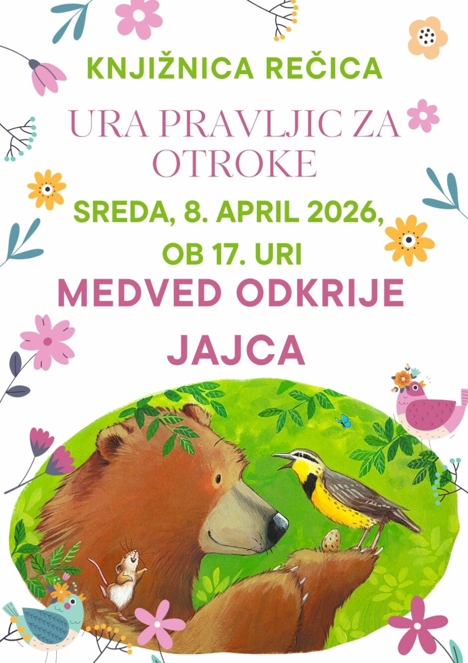 Plakat za uro pravljic v Knjižnici Rečica.