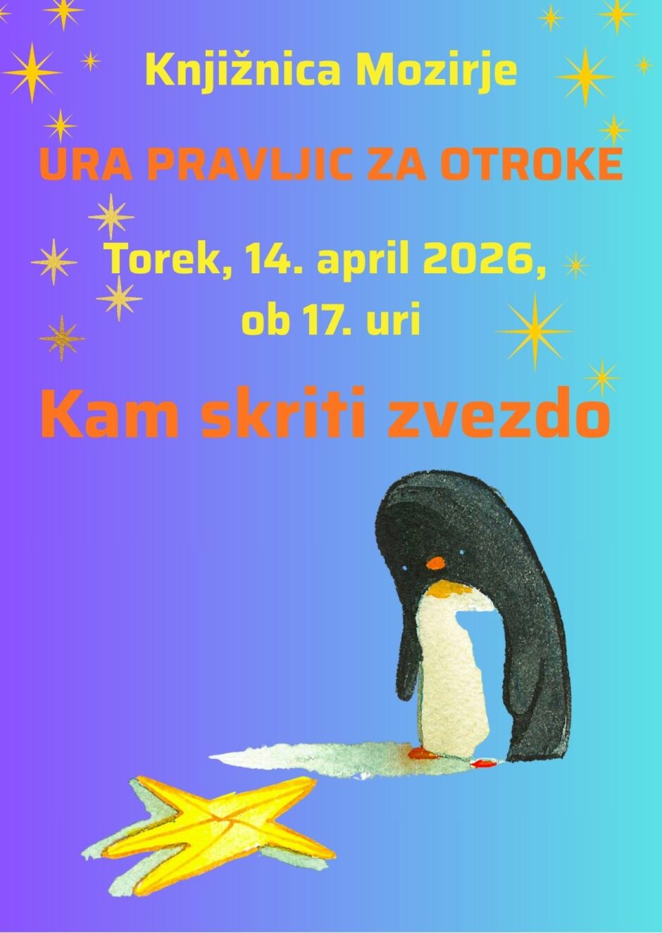 Plakat za uro pravljic v Knjižnici Mozirje.