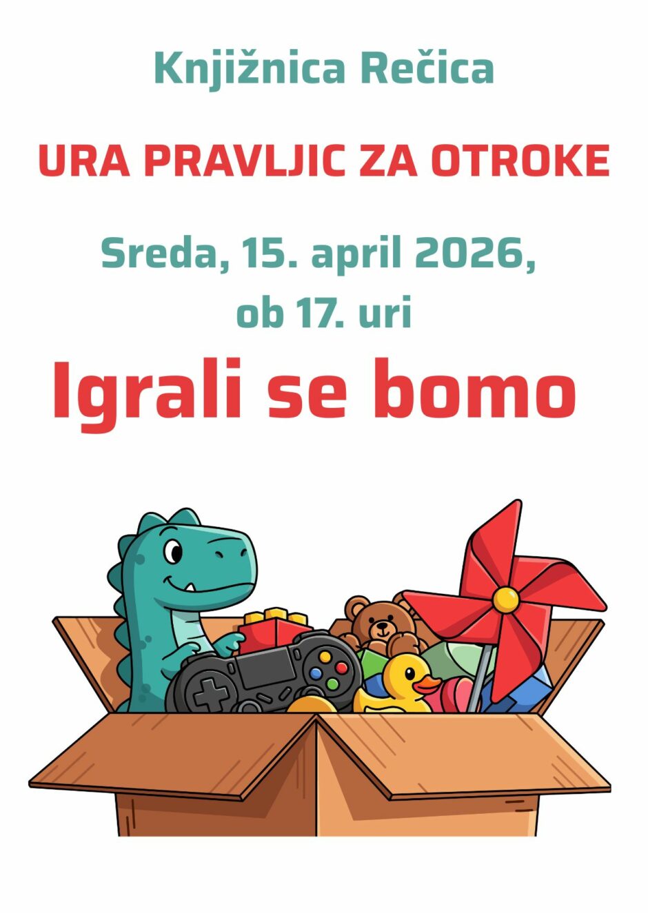 Plakat za uro pravljic v Knjižnici Rečica.