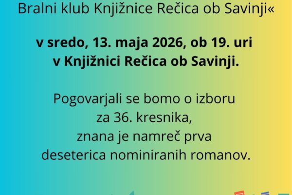 Povabilo na bralni klub Knjižnice Rečica ob Savinji.