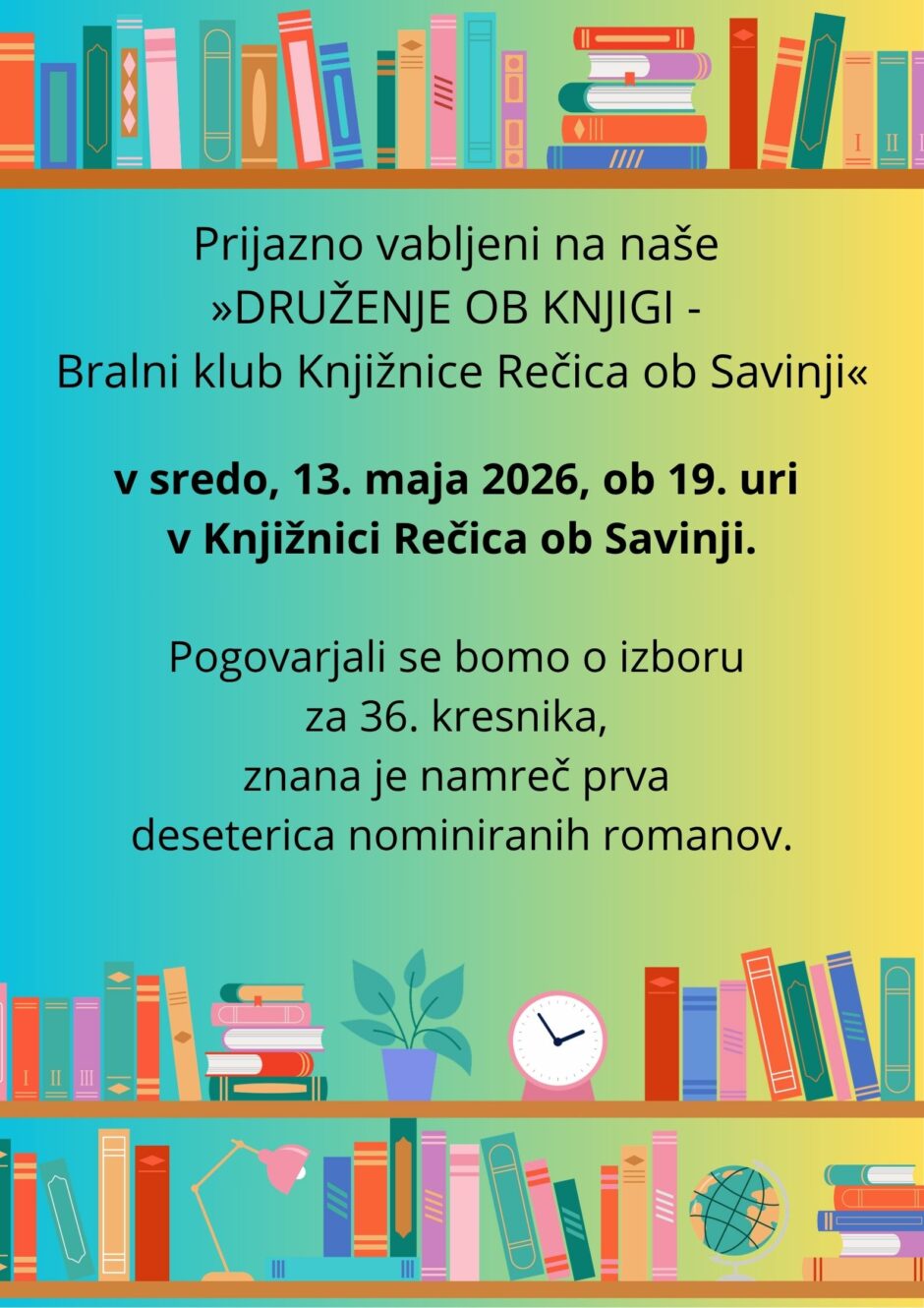 Povabilo na bralni klub Knjižnice Rečica ob Savinji.